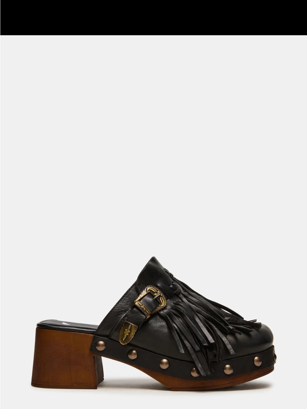 Steve Madden Black Leather Fringe Clog Mule with Studded Wood Heel